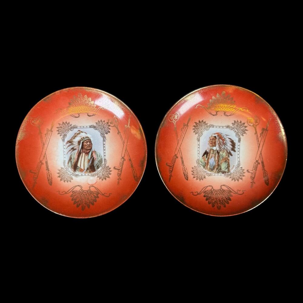 2x Antique Royal Saxe Germany American Indian Chief Spotted Portrait 7.5" plates